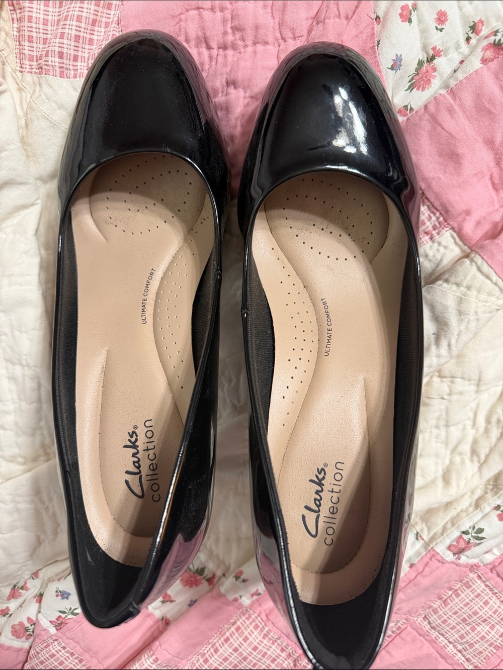 Clarks Black Patent Round-Toe Slip-On Heels